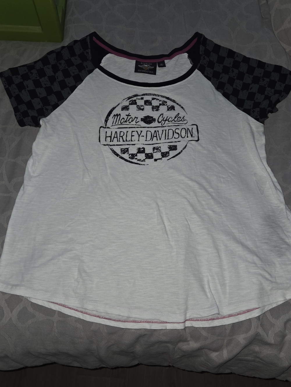 Harley-Davidson White Tee with Black Checkered Raglan Sleeves
